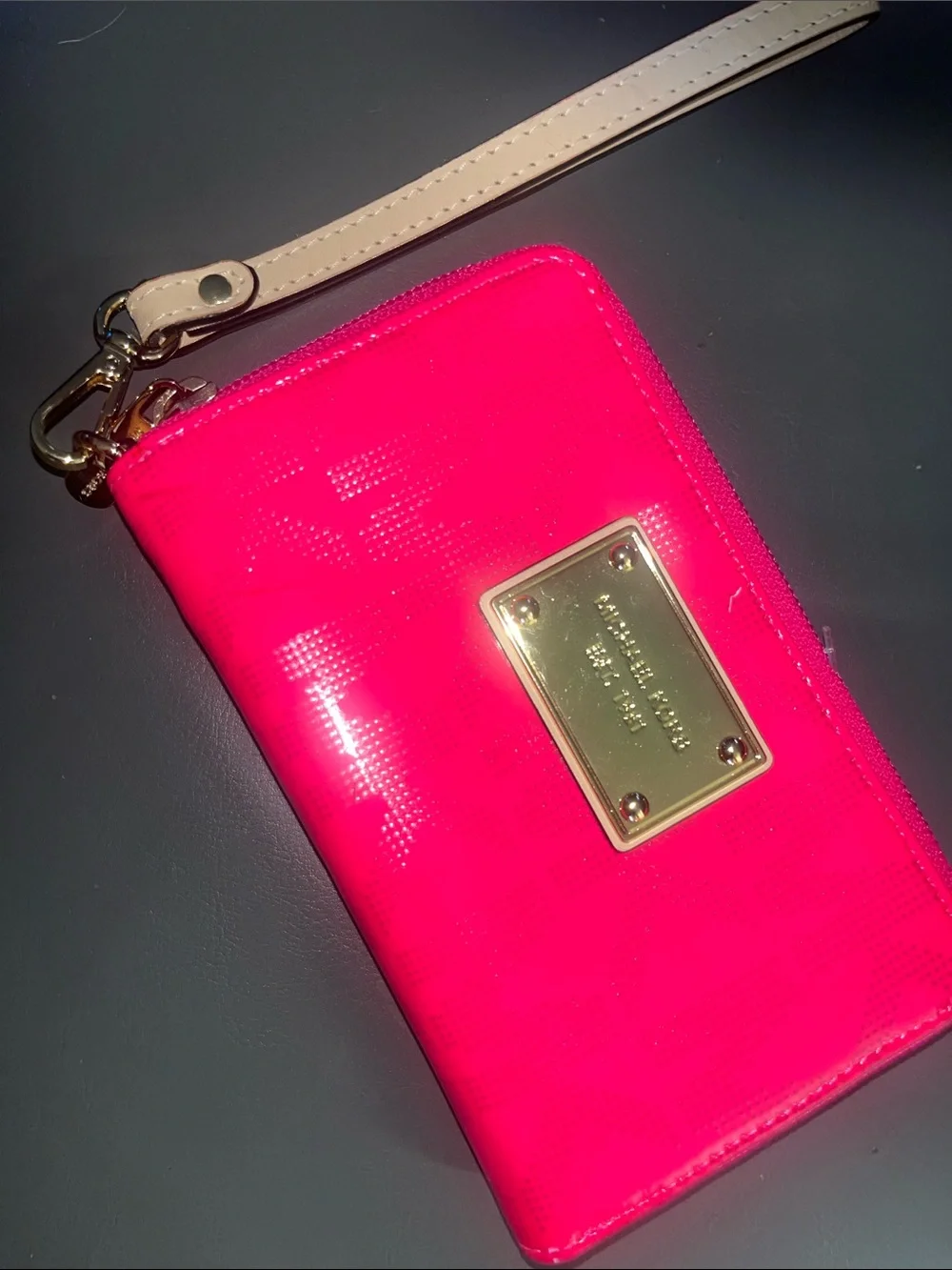 Hot Pink Patent Wristlet with Gold Plate